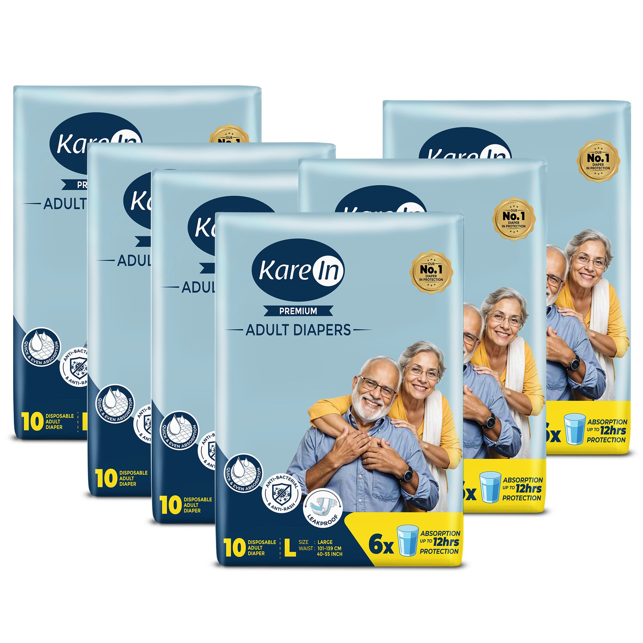 KareIn Premium Adult Diapers, Large, Waist Size 101-139 Cm (40"-55"), Tape Style, Unisex, High Absorbency, Leak Proof, Wetness Indicator, Pack of 6, 60 diapers