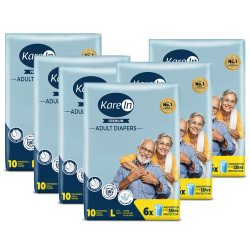 KareIn Premium Adult Diapers, Large, Waist Size 101-139 Cm (40"-55"), Tape Style, Unisex, High Absorbency, Leak Proof, Wetness Indicator, Pack of 6, 60 diapers