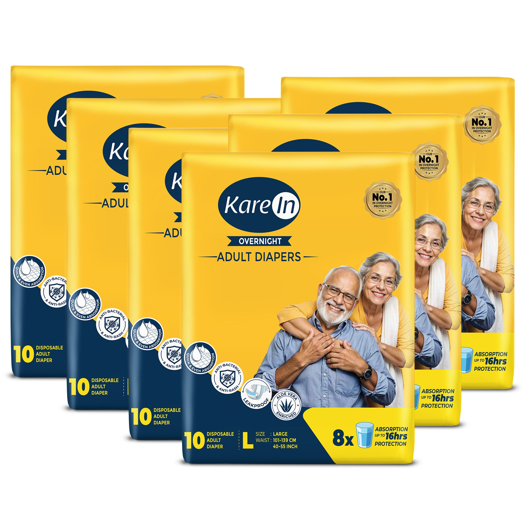 KareIn Overnight Adult Diapers, Large, Waist Size 101-139 Cm (40"-55"), Tape Style, High Absorbency, Odour Free, With Aloe Vera Lotion, Anti-Bacterial, ADL, Leak Proof, Pack of 6, 60 Count