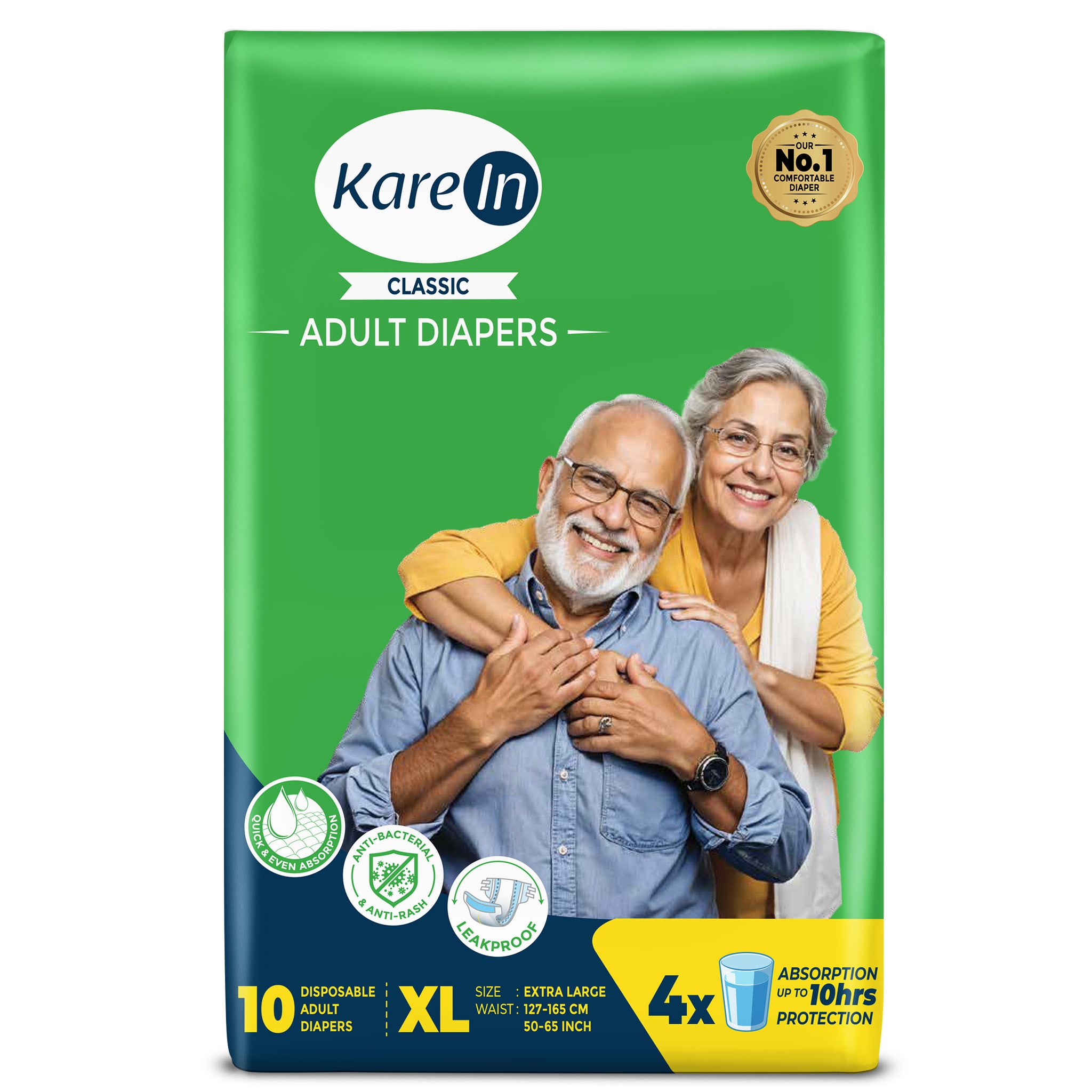 KareIn Classic Adult Diapers, Extra Large, Waist Size127-165 Cm (50"-65"), Tape Style, Unisex, High Absorbency, Leak Proof, Wetness Indicator, 10 diapers