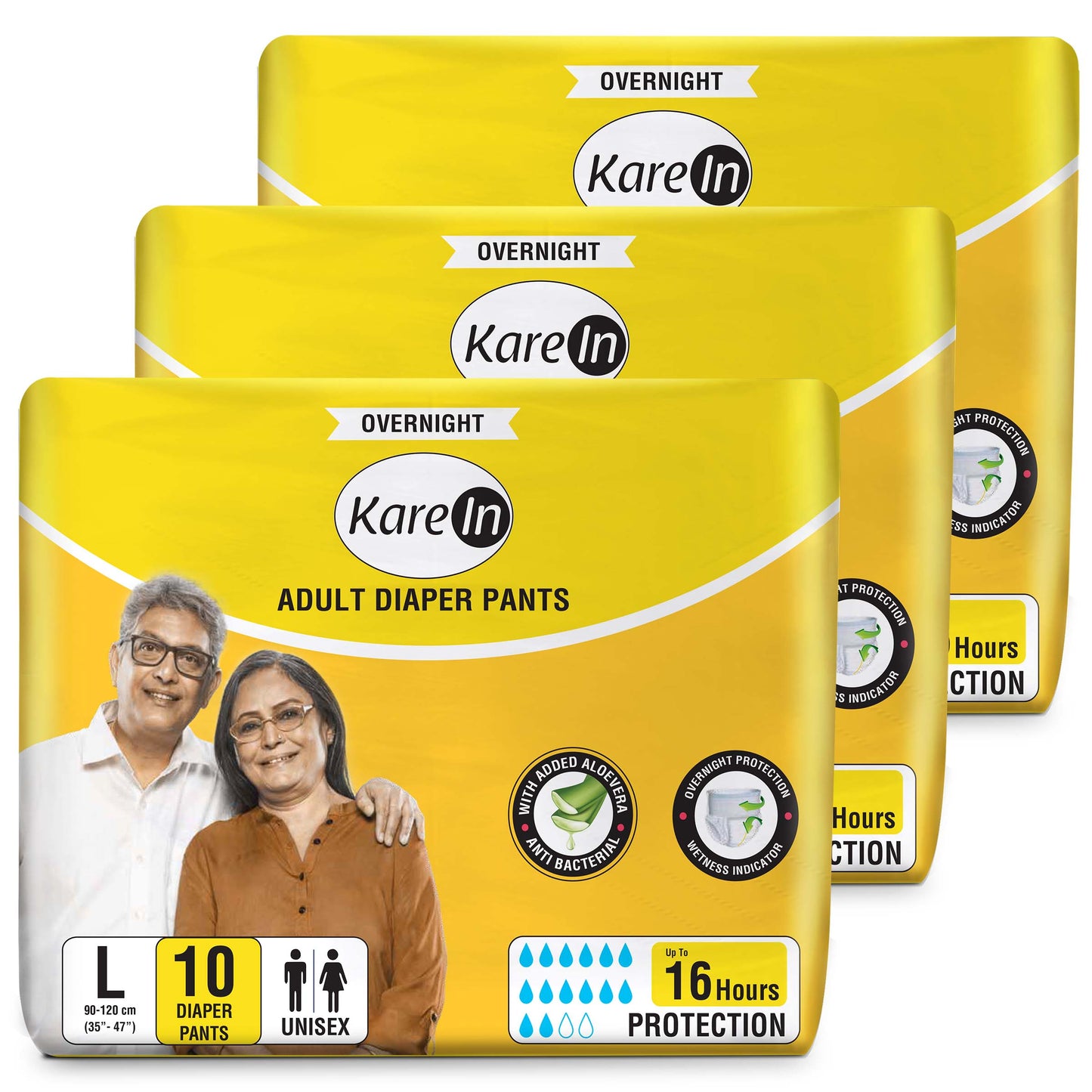 KareIn Overnight Adult Diaper Pants, Large 90-120 Cm (35"- 47"), Unisex, Leakproof, Elastic Waist, With Aloe Vera Lotion, Anti-Bacterial, ADL, Wetness Indicator, 30 Count