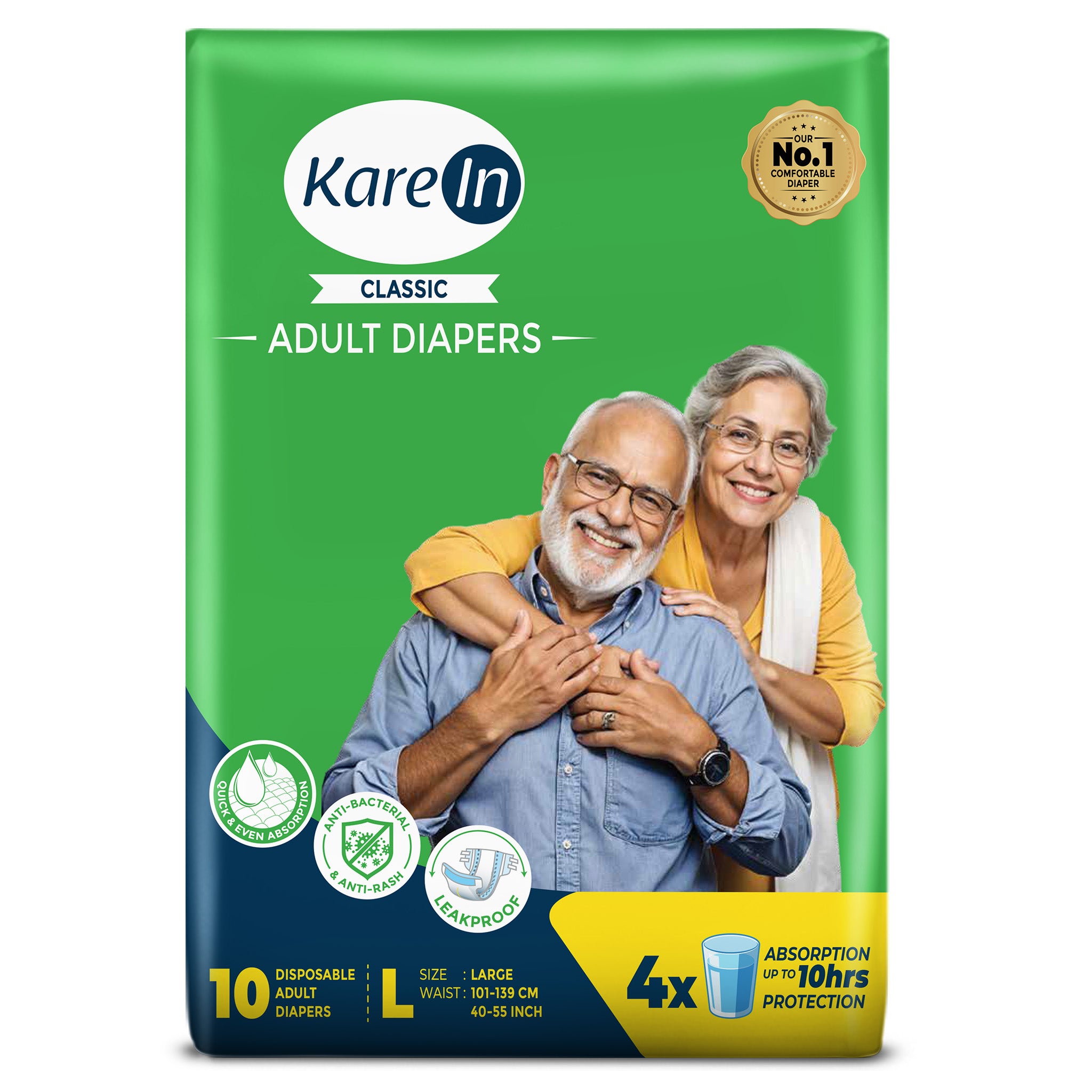 KareIn Classic Adult Diapers, Large, Waist Size 101-139 Cm (40"-55"), Tape Style, Unisex, High Absorbency, Leak Proof, Wetness Indicator, 10 diapers