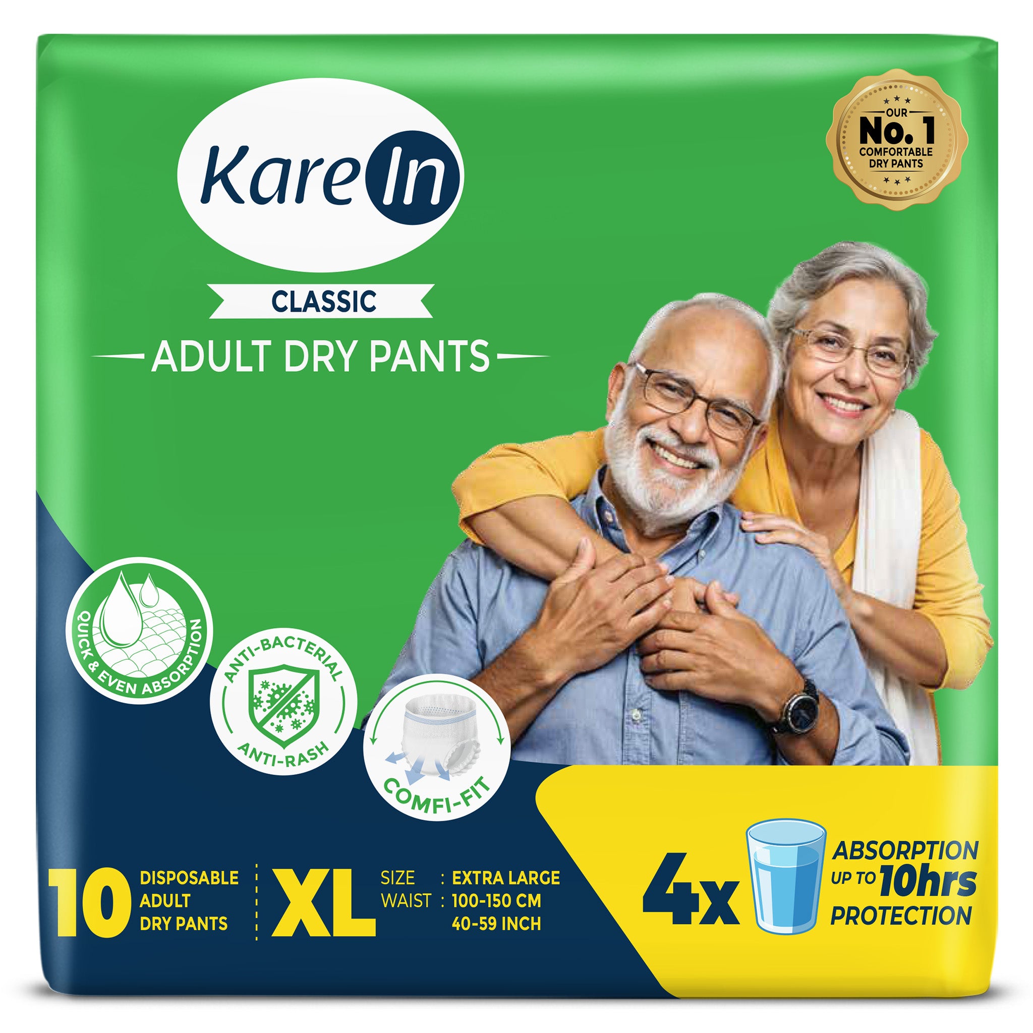 KareIn Classic Adult Diaper Pants, Extra Large 100 - 150 Cm (40"- 59"), Unisex, Leakproof, Elastic Waist, Wetness Indicator, 10 Count