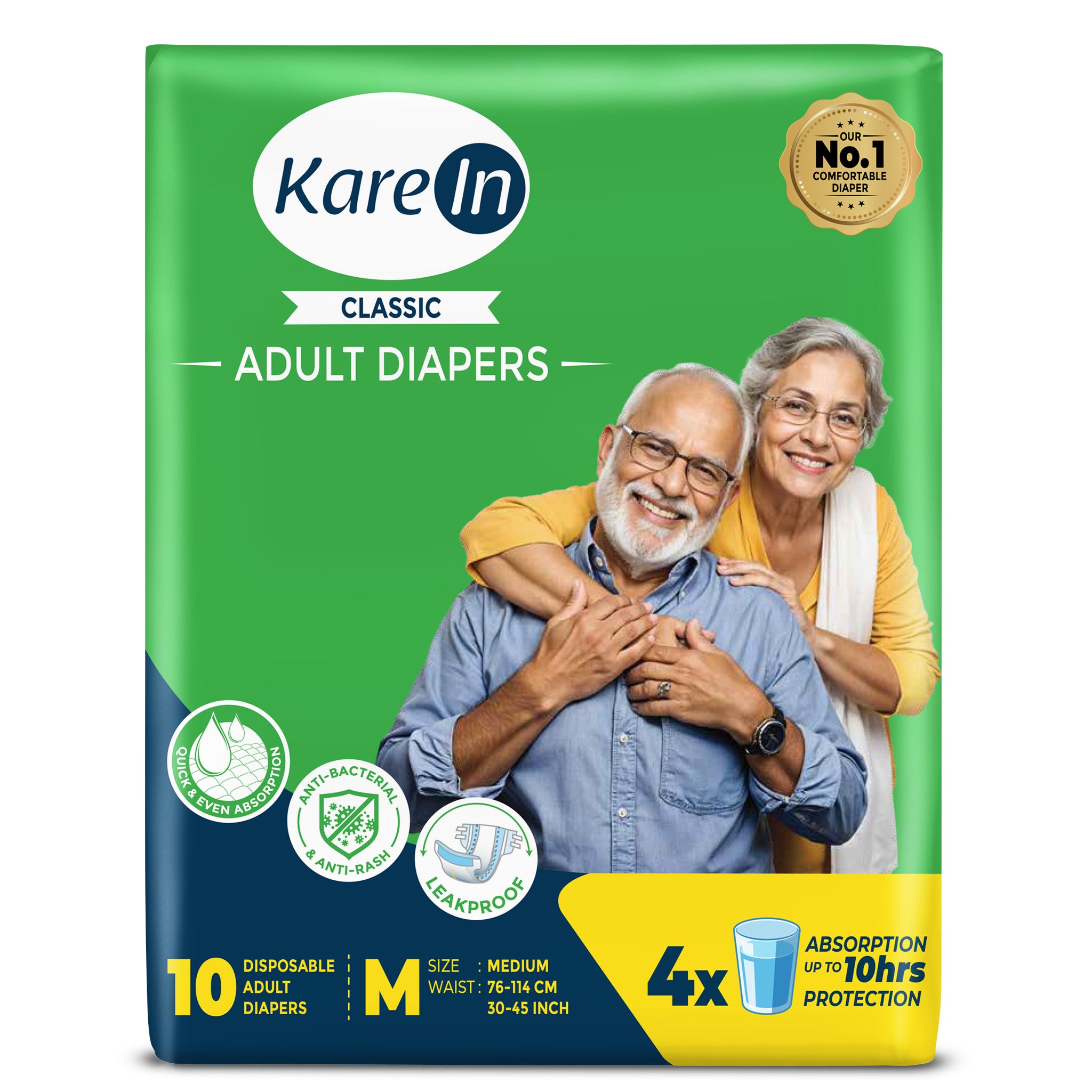 KareIn Classic Adult Diapers, Medium, Waist Size 76-114 Cm (30"-45"), Tape Style, Unisex, High Absorbency, Leak Proof, Wetness Indicator, 10 diapers