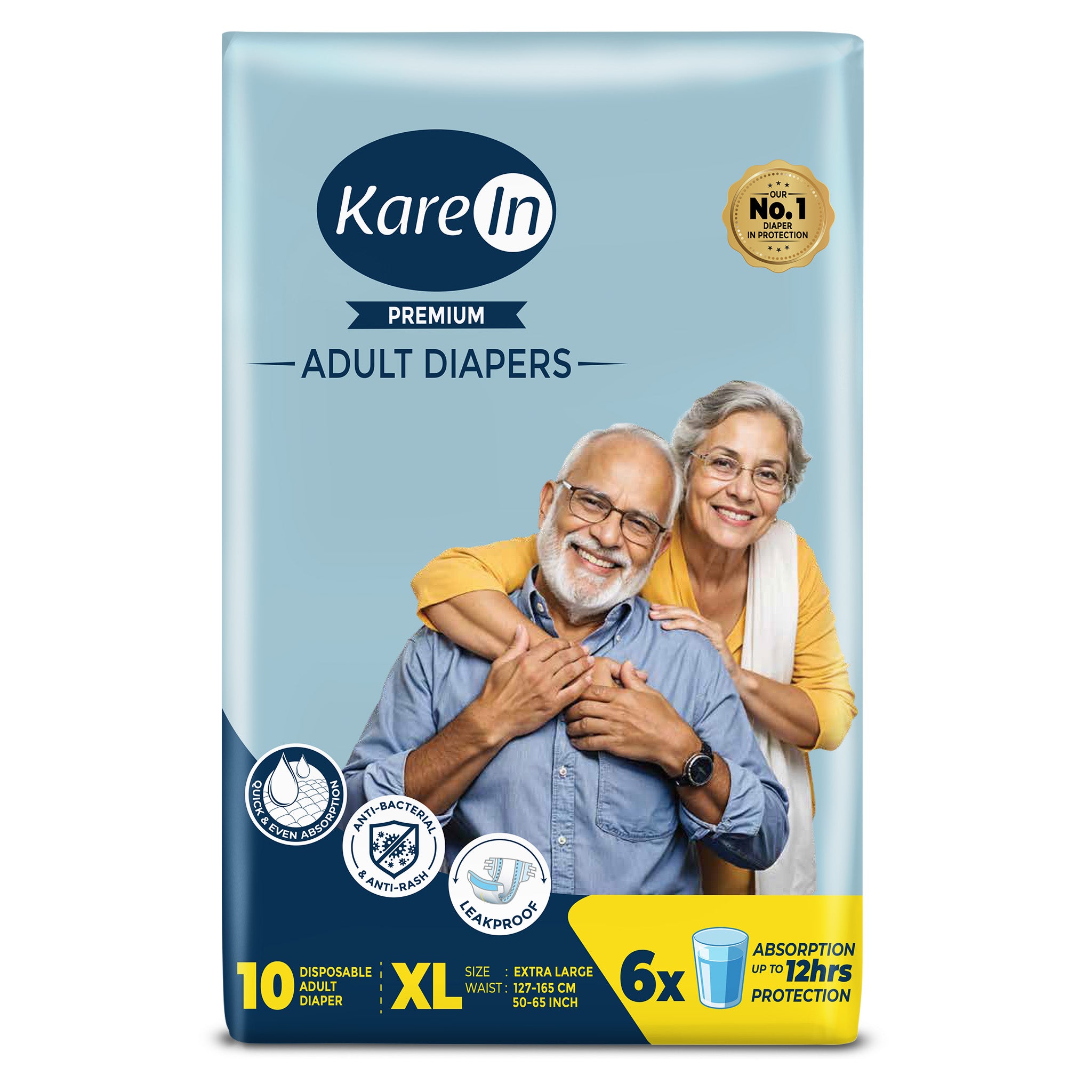 KareIn Premium Adult Diapers, Extra Large, Waist Size127-165 Cm (50"-65"), Tape Style, Unisex, High Absorbency, Leak Proof, Wetness Indicator, 10 diapers