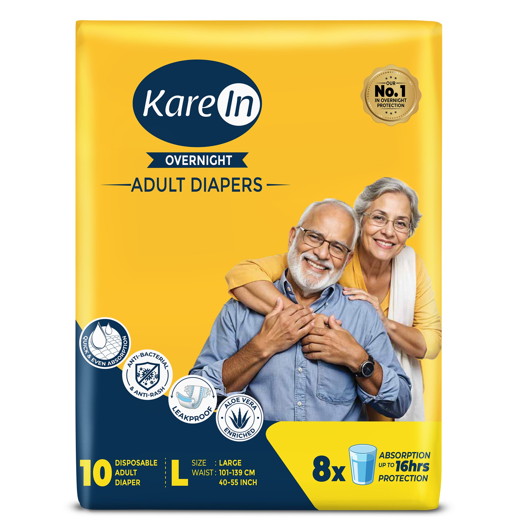KareIn Overnight Adult Diapers, Large, Waist Size 101-139 Cm (40"-55"), Tape Style, High Absorbency, Odour Free,With Aloe Vera Lotion, Anti-Bacterial, ADL, Leak Proof, 10 Count