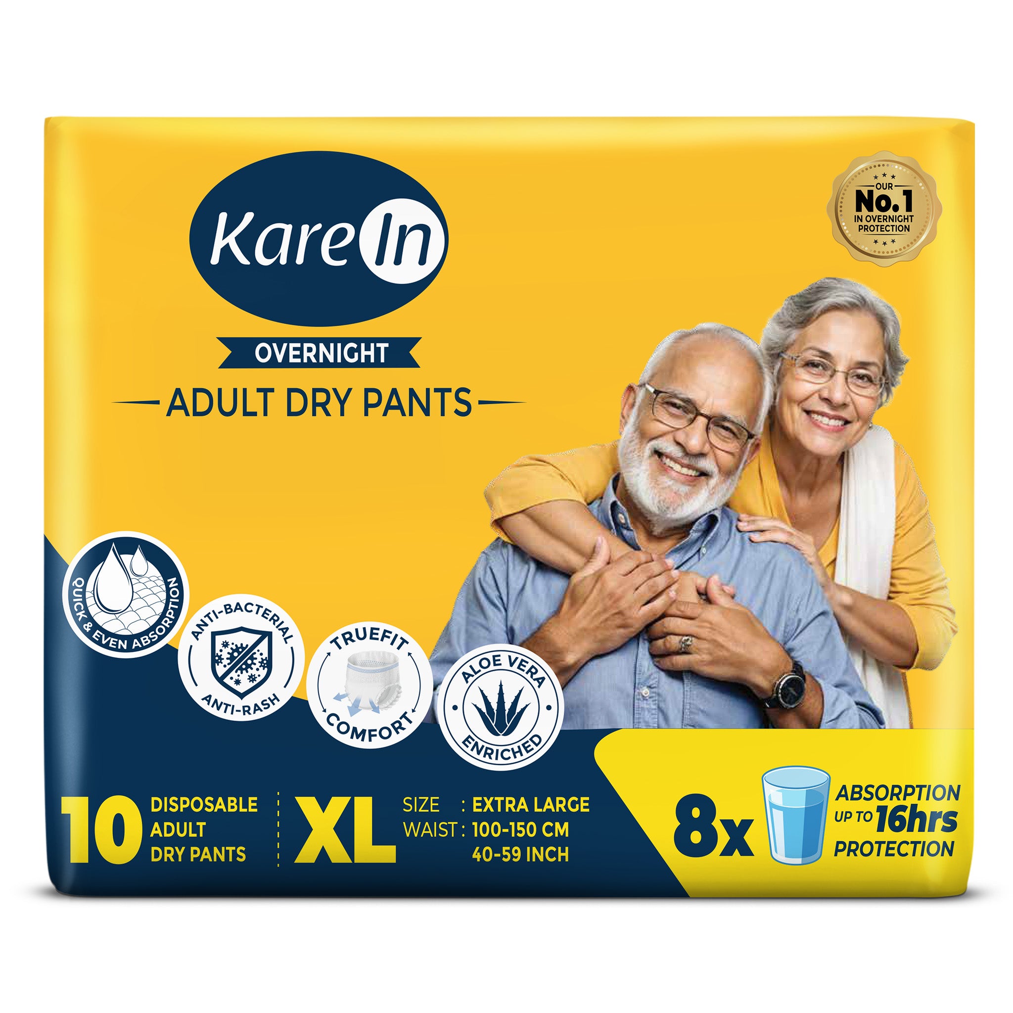 KareIn Overnight Adult Diaper Pants, Extra Large 100-150 Cm (40"- 59"), Unisex, Leakproof, Elastic Waist, With Aloe Vera Lotion, Anti-Bacterial, ADL, Wetness Indicator, 10 Count
