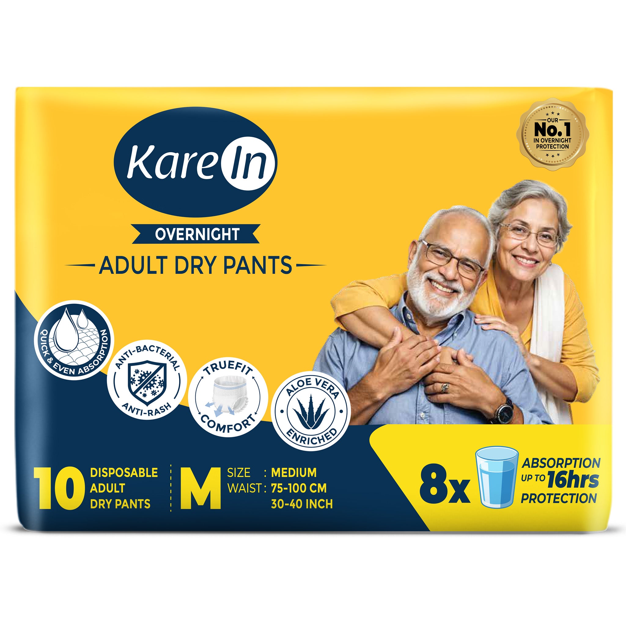 KareIn Overnight Adult Diaper Pants, Medium 75-100 Cm (30"- 40"), Unisex, Leakproof, Elastic Waist, With Aloe Vera Lotion, Anti-Bacterial, ADL, Wetness Indicator, 10 Count