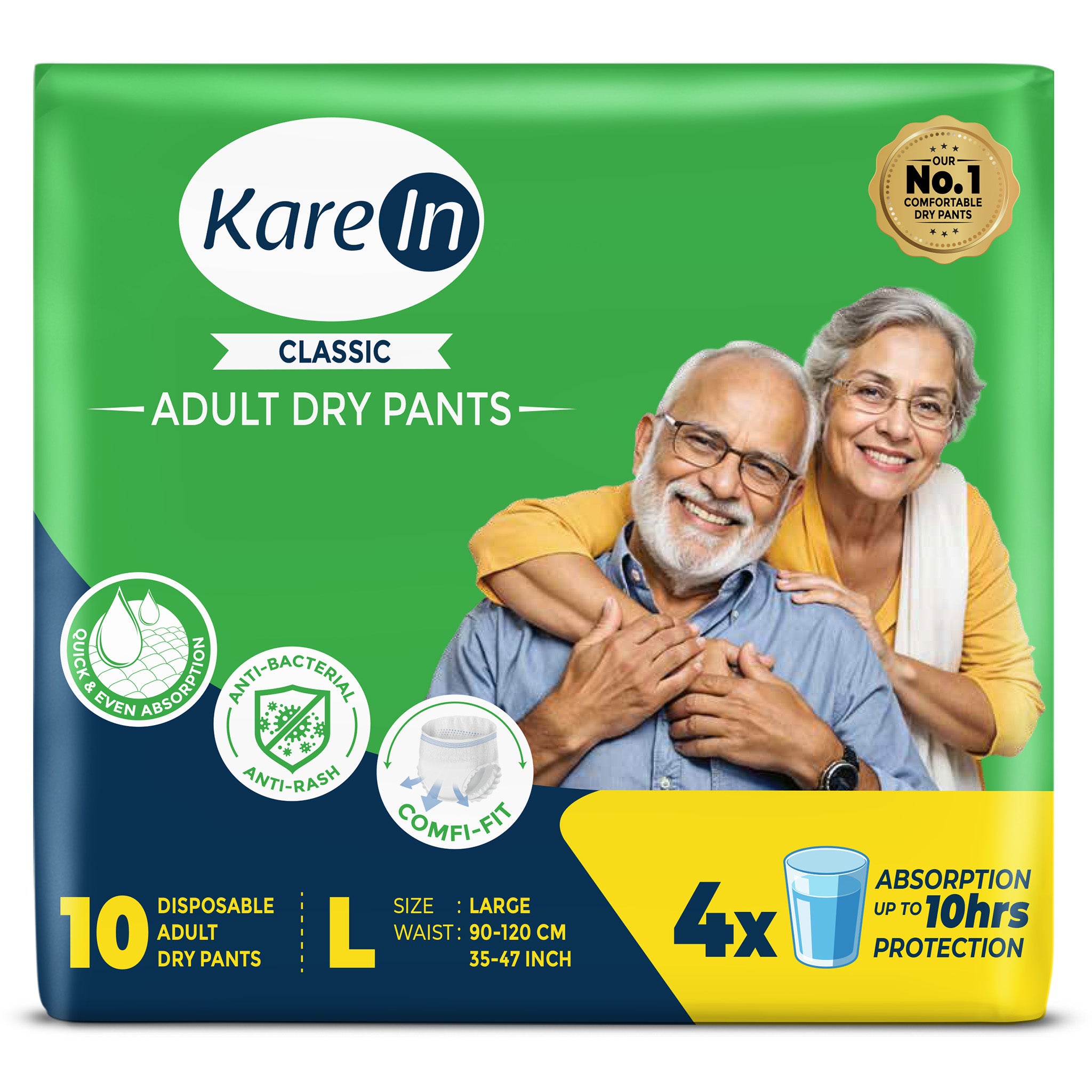 KareIn Classic Adult Diaper Pants, Large 90-120 Cm (35"- 47"), Unisex, Leakproof, Elastic Waist, Wetness, Indicator, 10 Count