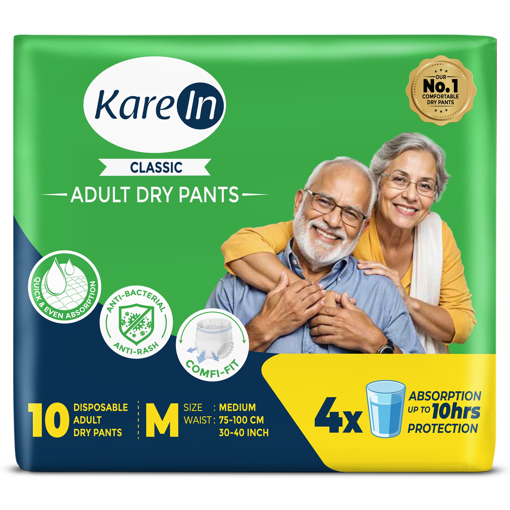 KareIn Classic Adult Diaper Pants, Medium 75 - 100 Cm (30"- 40"), Unisex, Leakproof, Elastic Waist, Wetness, Indicator, 10 Count