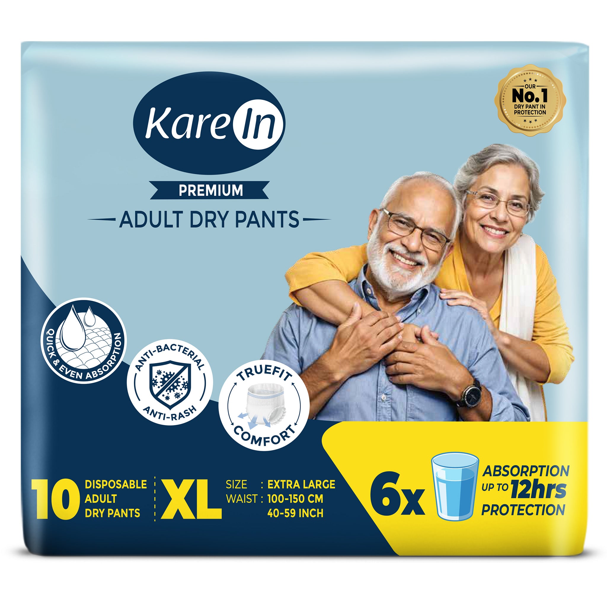 KareIn Premium Adult Diaper Pants, Extra Large 100 - 150 Cm (40"- 59"), Unisex, Leakproof, Elastic Waist, Wetness Indicator, 10 Count