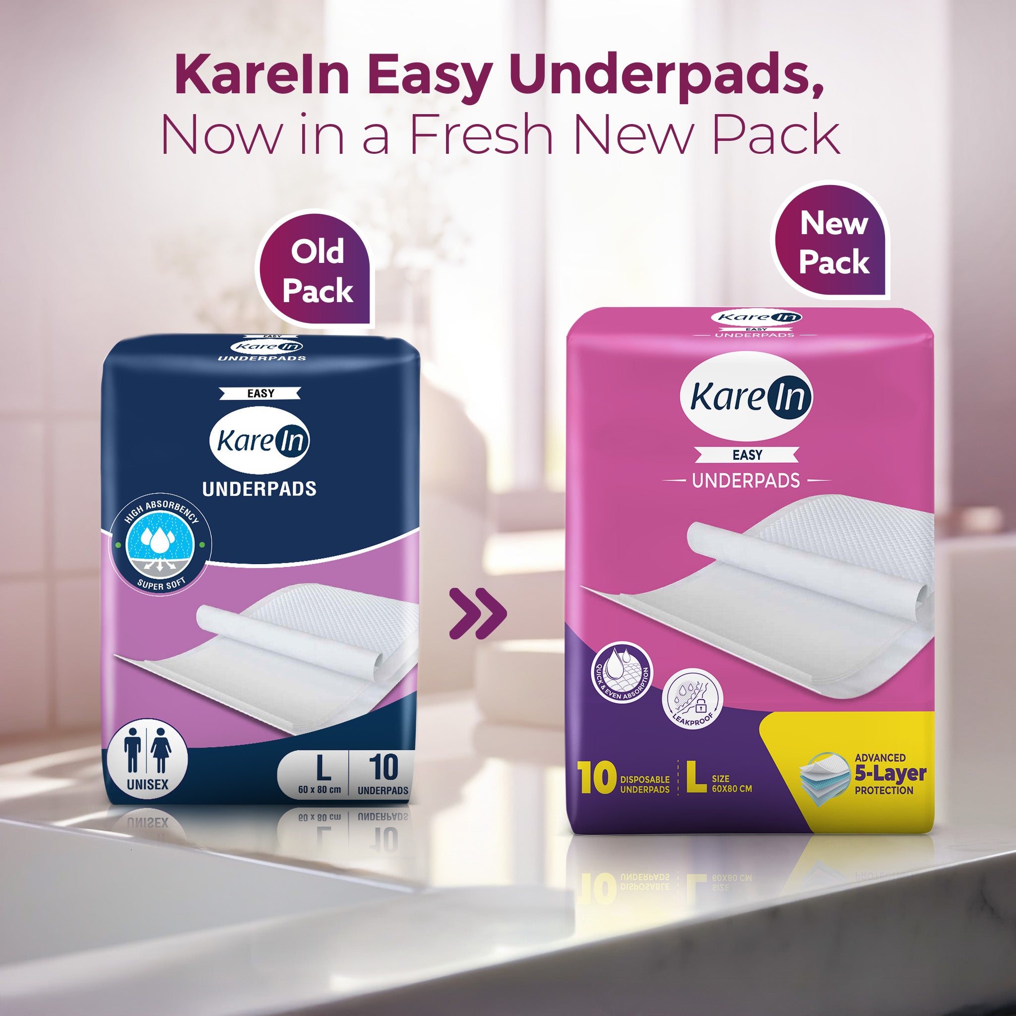 KareIn Easy Underpads, Large 60 X 80 Cm, High Absorbency, Leak Proof, Unisex, 10 Count