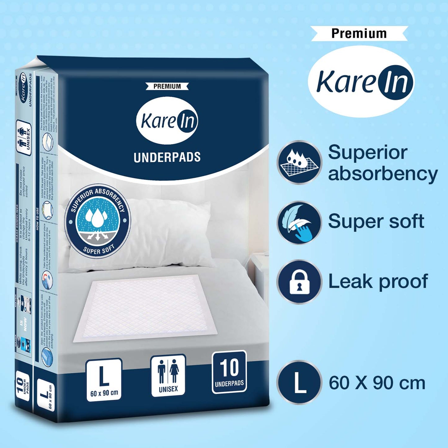 KareIn Premium Underpads, Large 60 x 90 Cm, Superior Absorbency, Leak Proof, Pack of 8, 80 Count