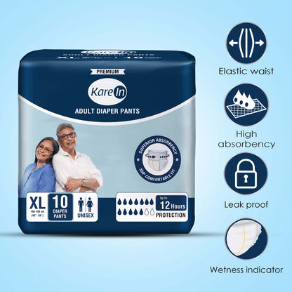 KareIn Premium Adult Diaper Pants, Extra Large 100 - 150 Cm (40"- 59"), Unisex, Leakproof, Elastic Waist, Wetness Indicator, Pack of 3, 30 Count