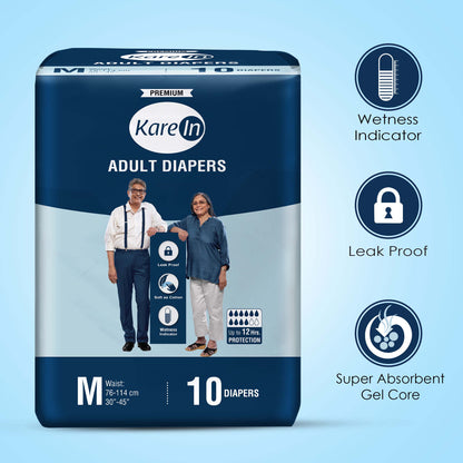 KareIn Premium Adult Diapers, Medium, Waist Size 76-114 Cm (30"-45"), Tape Style, Unisex, High Absorbency, Leak Proof, Wetness Indicator, Pack of 12, 120 diapers