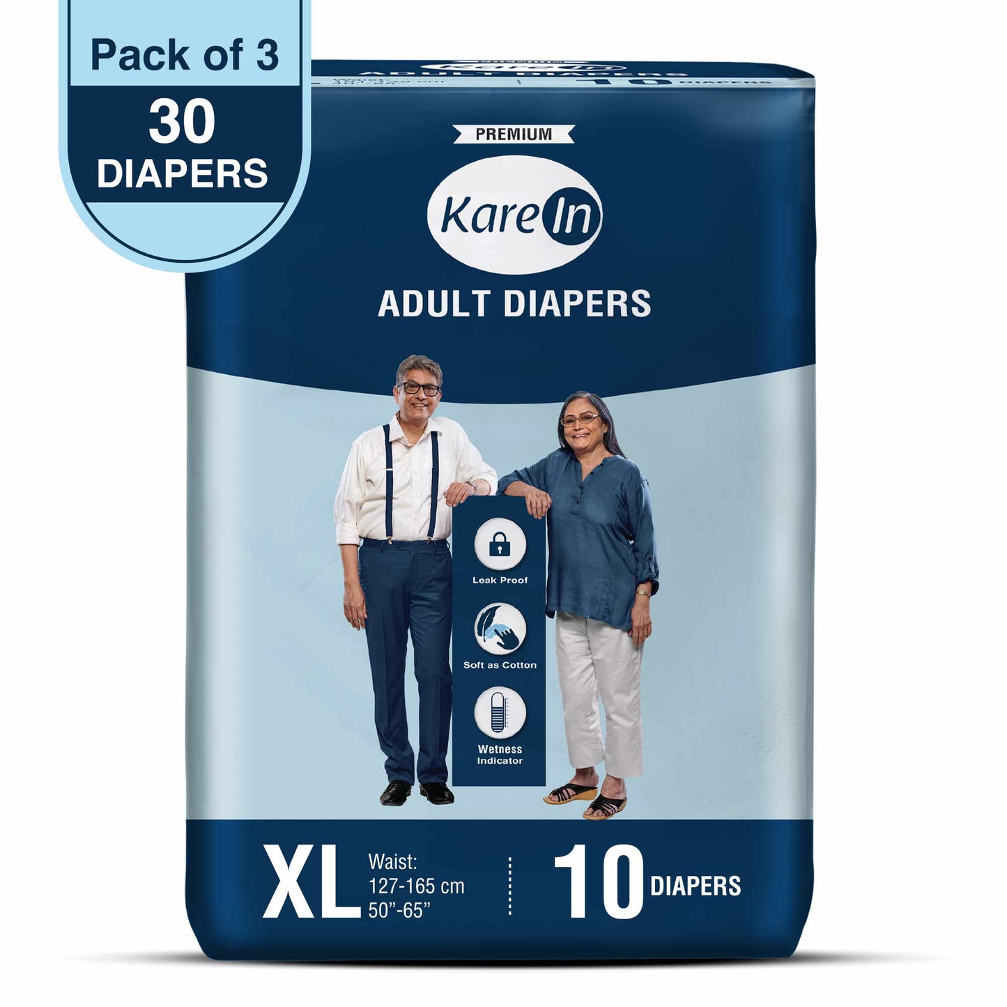 KareIn Premium Adult Diapers, Extra Large, Waist Size127-165 Cm (50"-65"), Tape Style, Unisex, High Absorbency, Leak Proof, Wetness Indicator, Pack of 3, 30 diapers