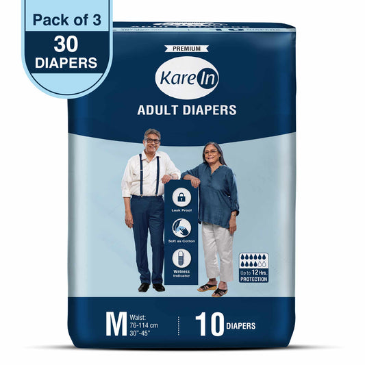 KareIn Premium Adult Diapers, Medium, Waist Size 76-114 Cm (30"-45"), Tape Style, Unisex, High Absorbency, Leak Proof, Wetness Indicator, Pack of 3, 30 diapers