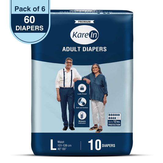 KareIn Premium Adult Diapers, Large, Waist Size 101-139 Cm (40"-55"), Tape Style, Unisex, High Absorbency, Leak Proof, Wetness Indicator, Pack of 6, 60 diapers