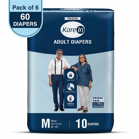 KareIn Premium Adult Diapers, Medium, Waist Size 76-114 Cm (30"-45"), Tape Style, Unisex, High Absorbency, Leak Proof, Wetness Indicator, Pack of 6, 60 diapers