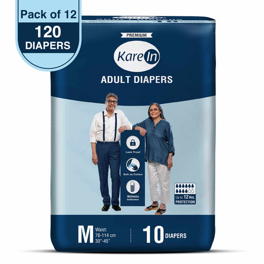 KareIn Premium Adult Diapers, Medium, Waist Size 76-114 Cm (30"-45"), Tape Style, Unisex, High Absorbency, Leak Proof, Wetness Indicator, Pack of 12, 120 diapers