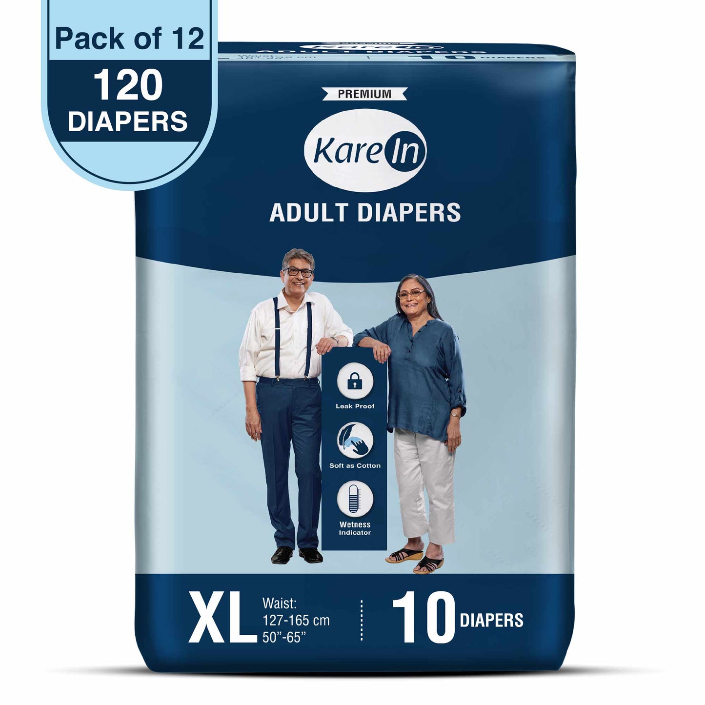 KareIn Premium Adult Diapers, Extra Large, Waist Size127-165 Cm (50"-65"), Tape Style, Unisex, High Absorbency, Leak Proof, Wetness Indicator, Pack of 12, 120 diapers