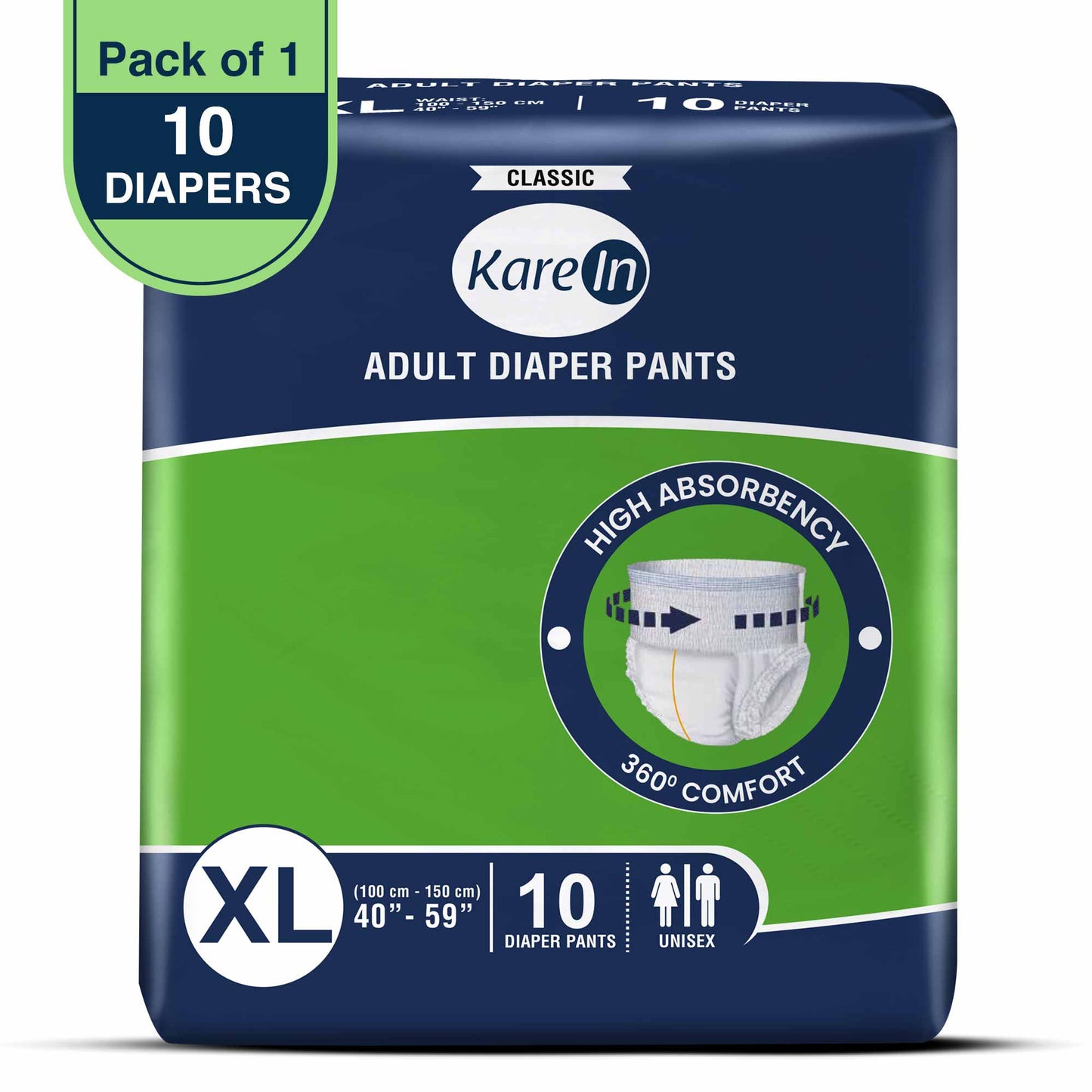 KareIn Classic Adult Diaper Pants, Extra Large 100 - 150 Cm (40"- 59"), Unisex, Leakproof, Elastic Waist, Wetness Indicator, 10 Count