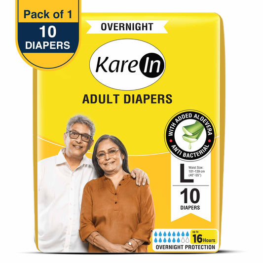 KareIn Overnight Adult Diapers, Large, Waist Size 101-139 Cm (40"-55"), Tape Style, High Absorbency, Odour Free,With Aloe Vera Lotion, Anti-Bacterial, ADL, Leak Proof, 10 Count