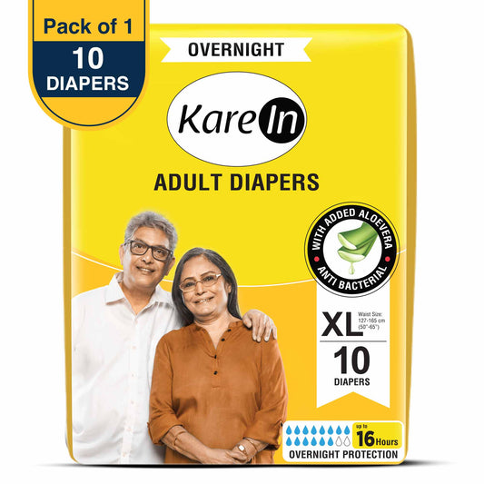 KareIn Overnight Adult Diapers, Extra Large, Waist Size 127-165 Cm (50"-65"), Tape Style, High Absorbency, Odour Free, With Aloe Vera Lotion, Anti-Bacterial, ADL, Leak Proof, 10 Count