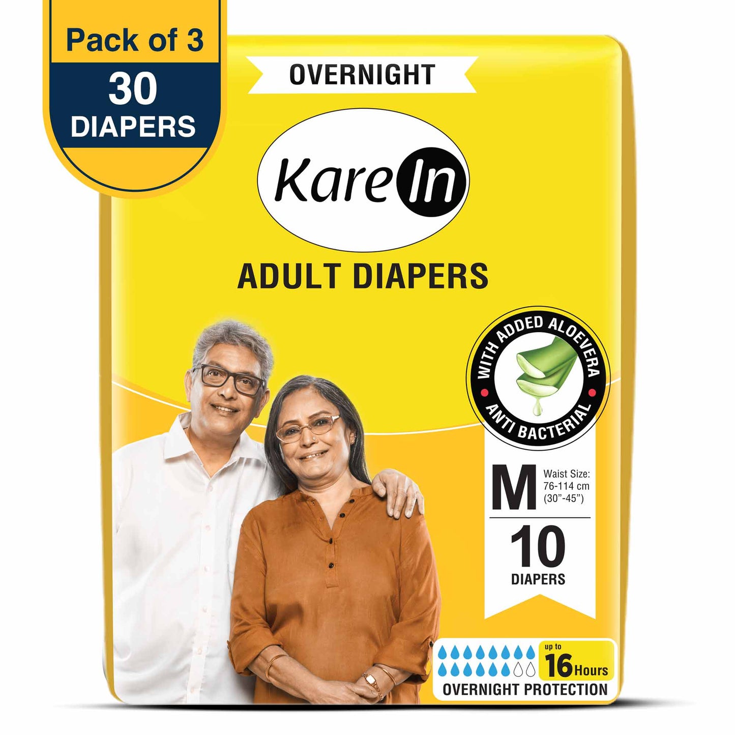 KareIn Overnight Adult Diapers, Medium, Waist Size 76-114 Cm (30"- 45"), Tape Style, High Absorbency, Odour Free, With Aloe Vera Lotion, Anti-Bacterial, ADL, Leak Proof, Pack of 3, 30 Count