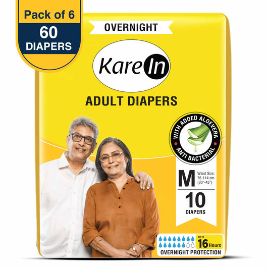 KareIn Overnight Adult Diapers, Medium, Waist Size 76-114 Cm (30"- 45"), Tape Style, High Absorbency, Odour Free, With Aloe Vera Lotion, Anti-Bacterial, ADL, Leak Proof, Pack of 6, 60 Count