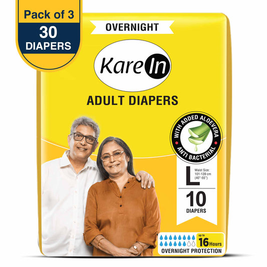 KareIn Overnight Adult Diapers, Large, Waist Size 101-139 Cm (40"-55"), Tape Style, High Absorbency, Odour Free, With Aloe Vera Lotion, Anti-Bacterial, ADL, Leak Proof, Pack of 3, 30 Count
