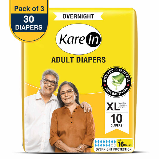KareIn Overnight Adult Diapers, Extra Large, Waist Size 127-165 Cm (50"-65"), Tape Style, High Absorbency, Odour Free, With Aloe Vera Lotion, Anti-Bacterial, ADL, Leak Proof, Pack of 3, 30 Count