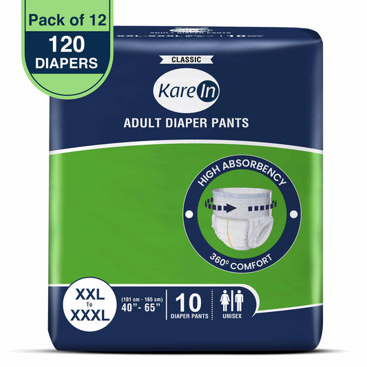 KareIn Classic Adult Diaper Pants, XXL-XXXL, 101 - 165 Cm (40"- 65"), Unisex, Leakproof, Elastic Waist, Wetness Indicator,120 Count