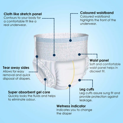 KareIn Premium Adult Diaper Pants, Large 90-120 Cm (35"- 47"), Unisex, Leakproof, Elastic Waist, Wetness, Indicator, Pack of 6, 60 Count