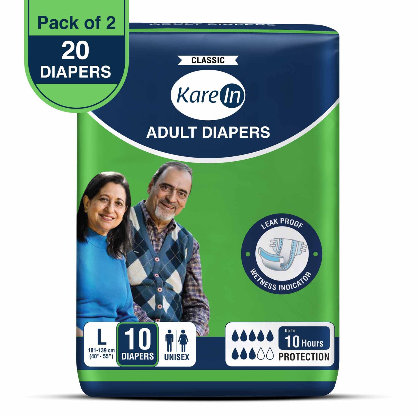 KareIn Classic Adult Diapers, Large, Waist Size 101-139 Cm (40"-55"), Tape Style, Unisex, High Absorbency, Leak Proof, Wetness Indicator, Pack of 2, 20 diapers