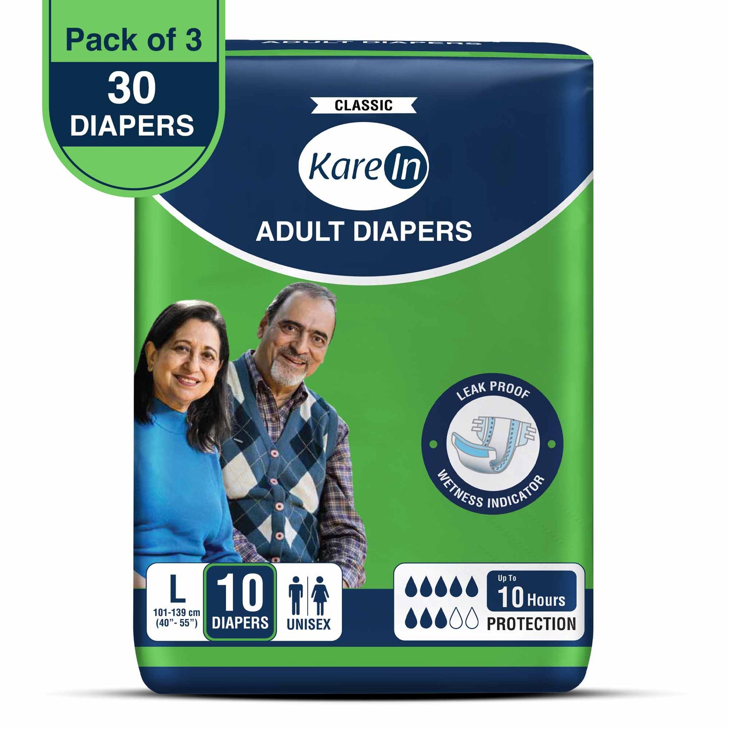 KareIn Classic Adult Diapers, Large, Waist Size 101-139 Cm (40"-55"), Tape Style, Unisex, High Absorbency, Leak Proof, Wetness Indicator, Pack of 3, 30 diapers