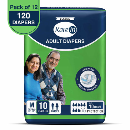 KareIn Classic Adult Diapers, Medium, Waist Size 76-114 Cm (30"-45"), Tape Style, Unisex, High Absorbency, Leak Proof, Wetness Indicator, Pack of 12, 120 diapers