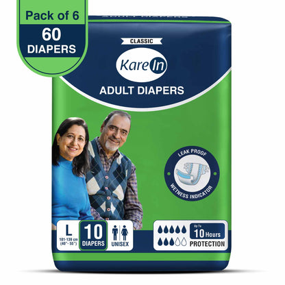 KareIn Classic Adult Diapers, Large, Waist Size 101-139 Cm (40"-55"), Tape Style, Unisex, High Absorbency, Leak Proof, Wetness Indicator, Pack of 6, 60 diapers