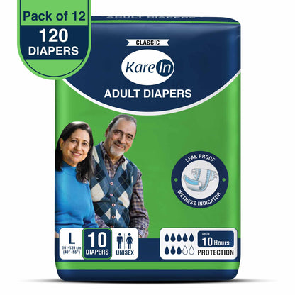 KareIn Classic Adult Diapers, Large, Waist Size 101-139 Cm (40"-55"), Tape Style, Unisex, High Absorbency, Leak Proof, Wetness Indicator, Pack of 12, 120 diapers