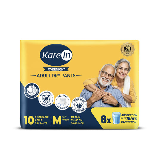 KareIn Overnight Adult Diapers, Medium, Waist Size 76-114 Cm (30"- 45"), Tape Style, High Absorbency, Odour Free, With Aloe Vera Lotion, Anti-Bacterial, ADL, Leak Proof, Pack of 3, 30 Count