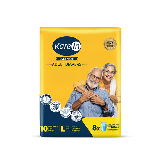KareIn Overnight Adult Diapers, Large, Waist Size 101-139 Cm (40"-55"), Tape Style, High Absorbency, Odour Free, With Aloe Vera Lotion, Anti-Bacterial, ADL, Leak Proof, Pack of 3, 30 Count