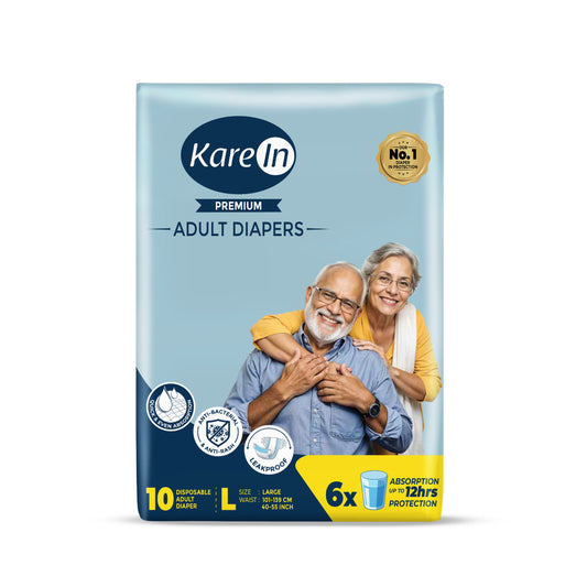 KareIn Premium Adult Diapers, Large, Waist Size 101-139 Cm (40"-55"), Tape Style, Unisex, High Absorbency, Leak Proof, Wetness Indicator, Pack of 6, 60 diapers