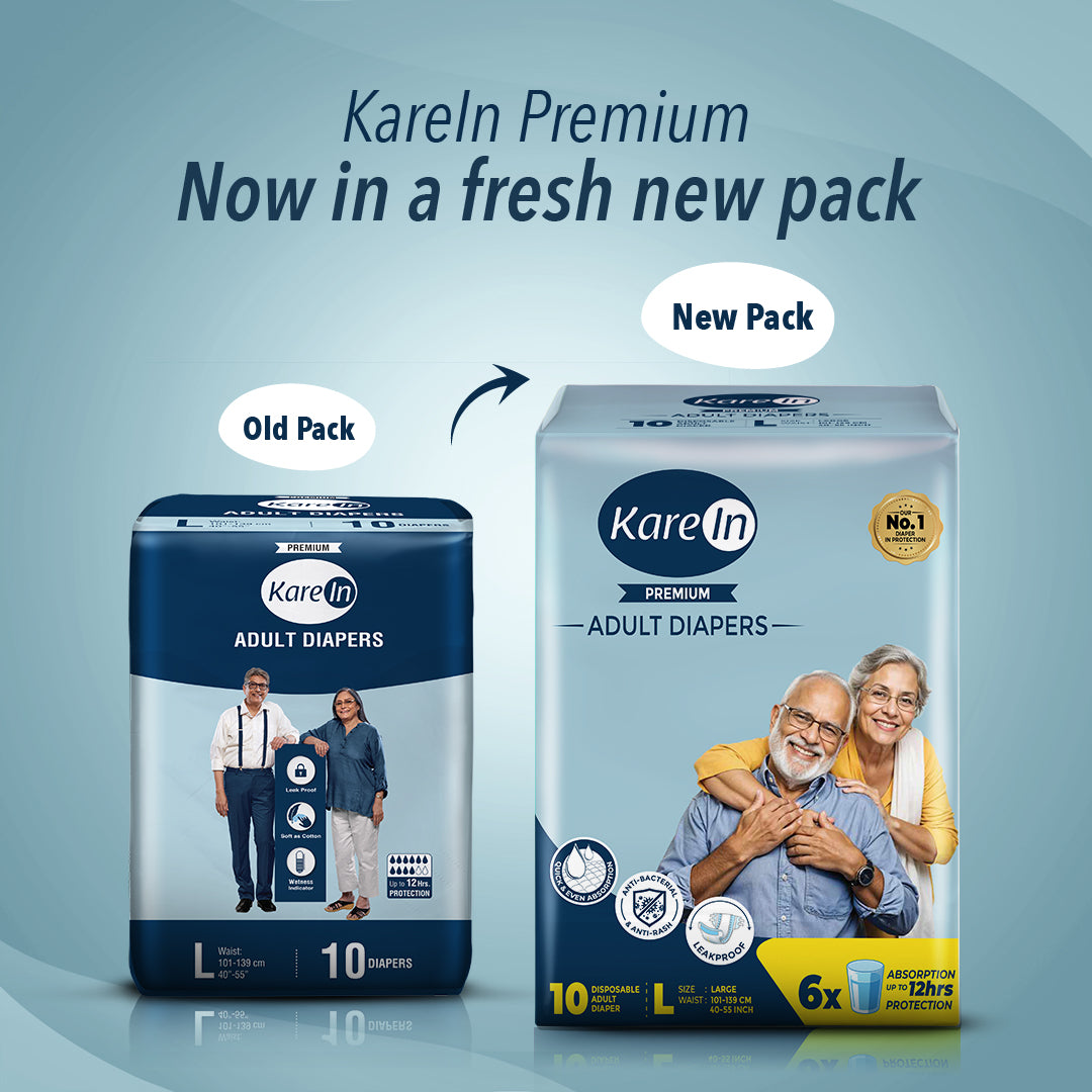 KareIn Premium Adult Diapers, Large, Waist Size 101-139 Cm (40"-55"), Tape Style, Unisex, High Absorbency, Leak Proof, Wetness Indicator, Pack of 6, 60 diapers