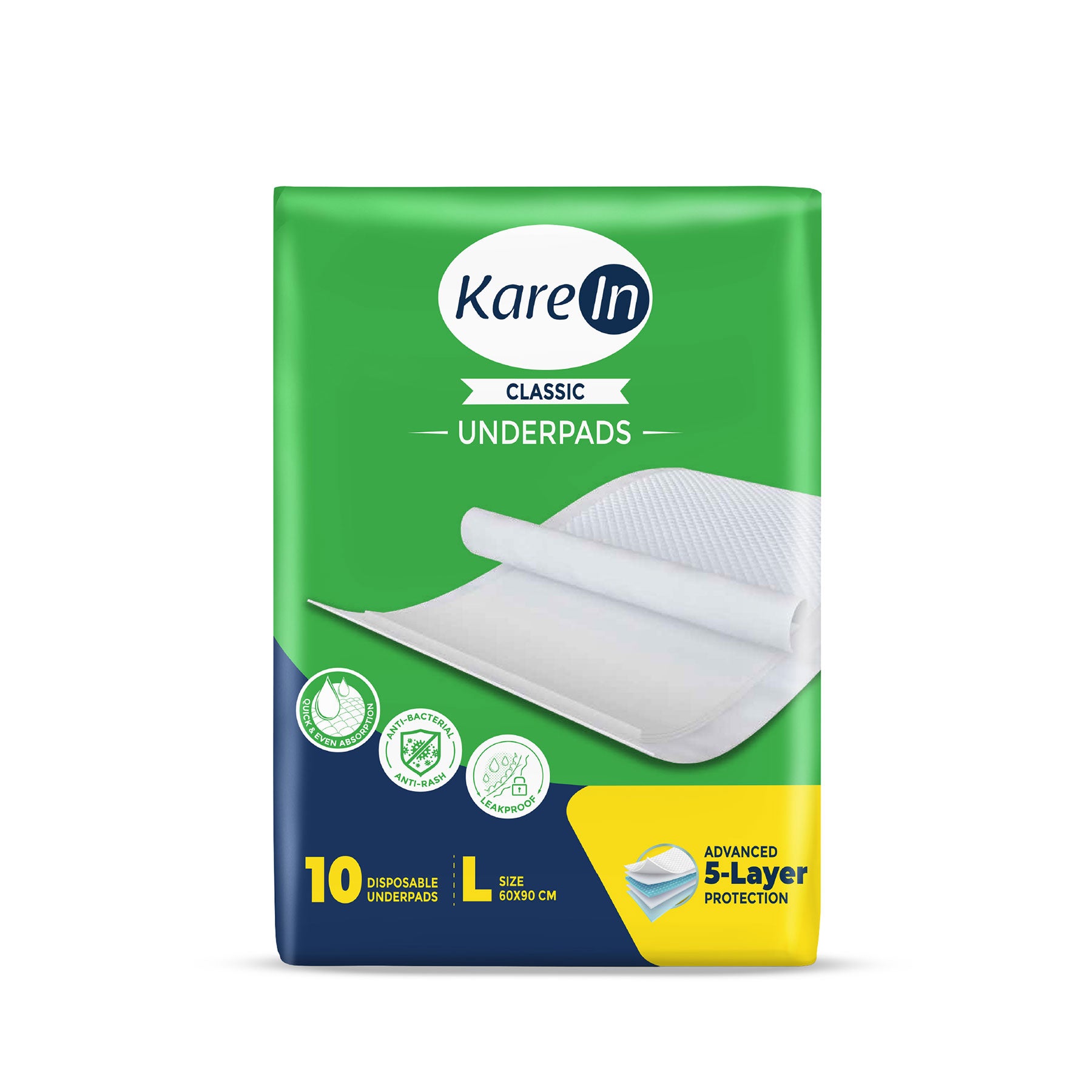 KareIn Classic Underpads, Large 60 x 90 Cm, Superior Absorbency, Leak Proof, 10 Count