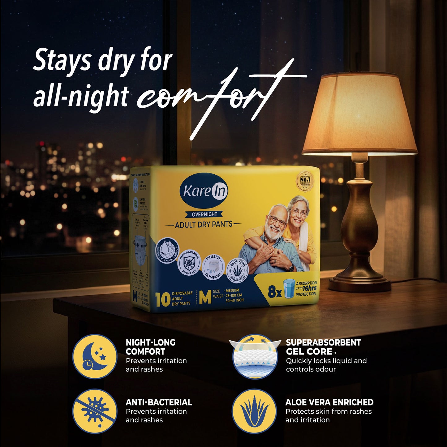 KareIn Overnight Adult Diaper Pants, Large 90-120 Cm (35"- 47"), Unisex, Leakproof, Elastic Waist, With Aloe Vera Lotion, Anti-Bacterial, ADL, Wetness Indicator, 30 Count