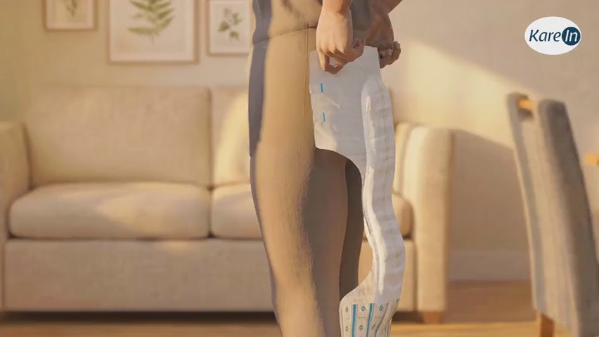 Load video: KareIn Overnight Adult Diapers, Large, Waist Size 101-139 Cm (40"-55"), Tape Style, High Absorbency, Odour Free,With Aloe Vera Lotion, Anti-Bacterial, ADL, Leak Proof, 10 Count
